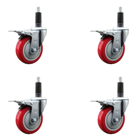 Service Caster 4'' Red Poly Swivel 1'' Expanding Stem Caster Set Total Lock Brake, 4PK SCC-EXTTL20S414-PPUB-RED-1-4